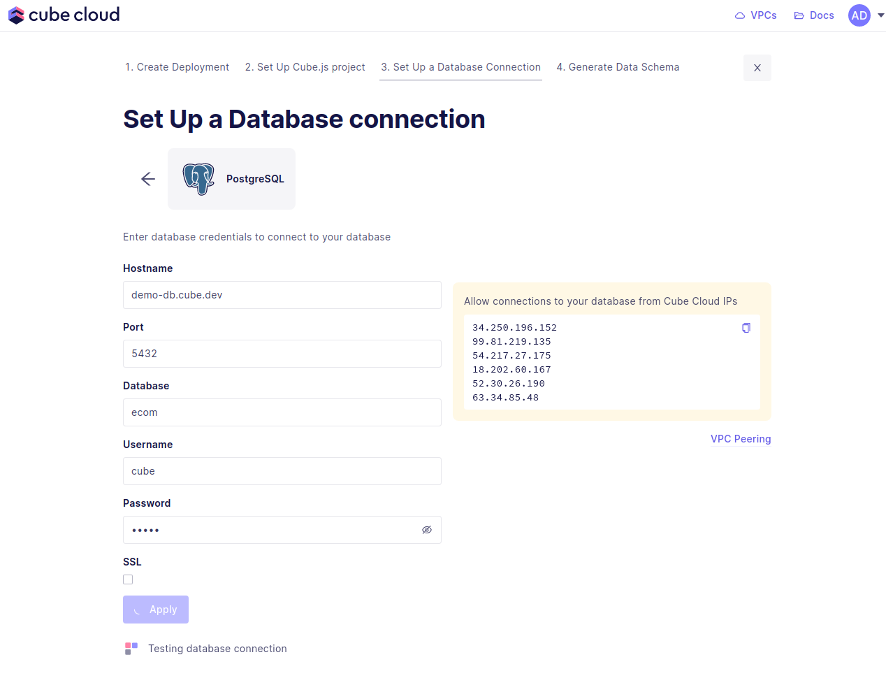 Cube Cloud Setup Database Screen