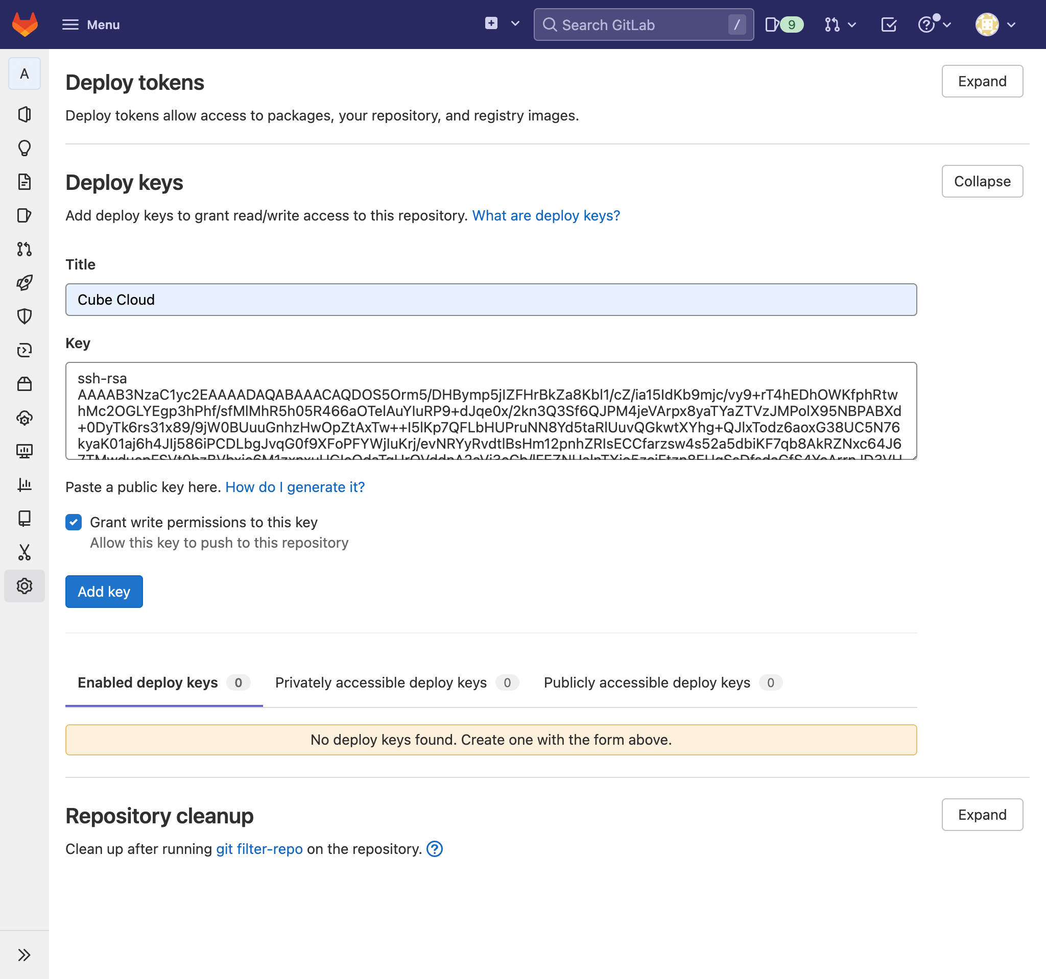 Add Cube Cloud deploy key to GitLab