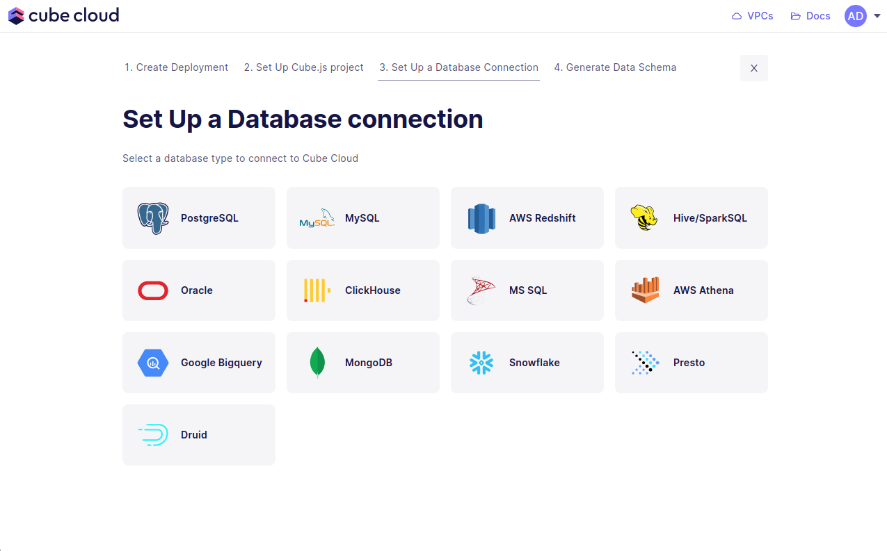 Cube Cloud Setup Database Screen