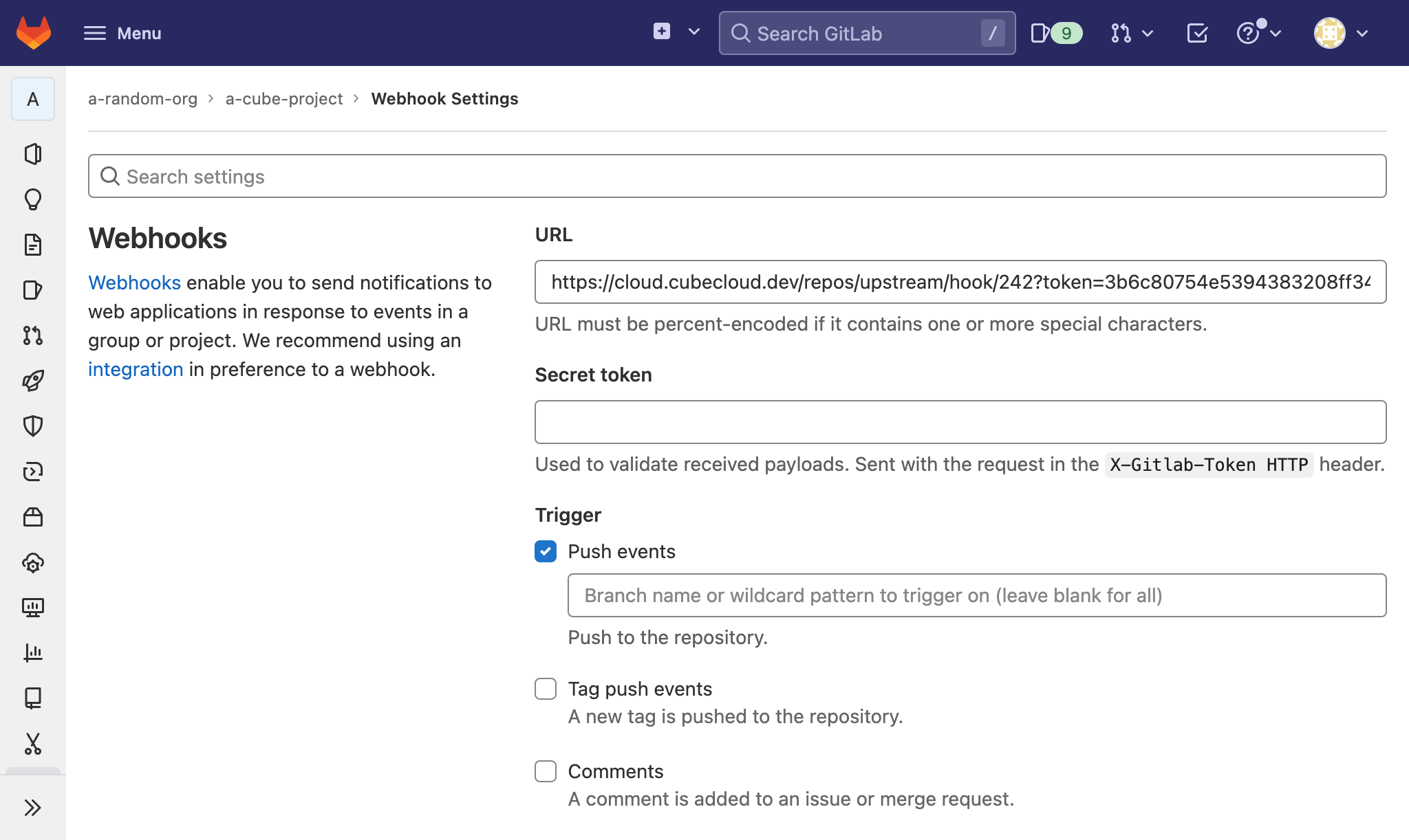 Add Cube Cloud webhook to GitLab