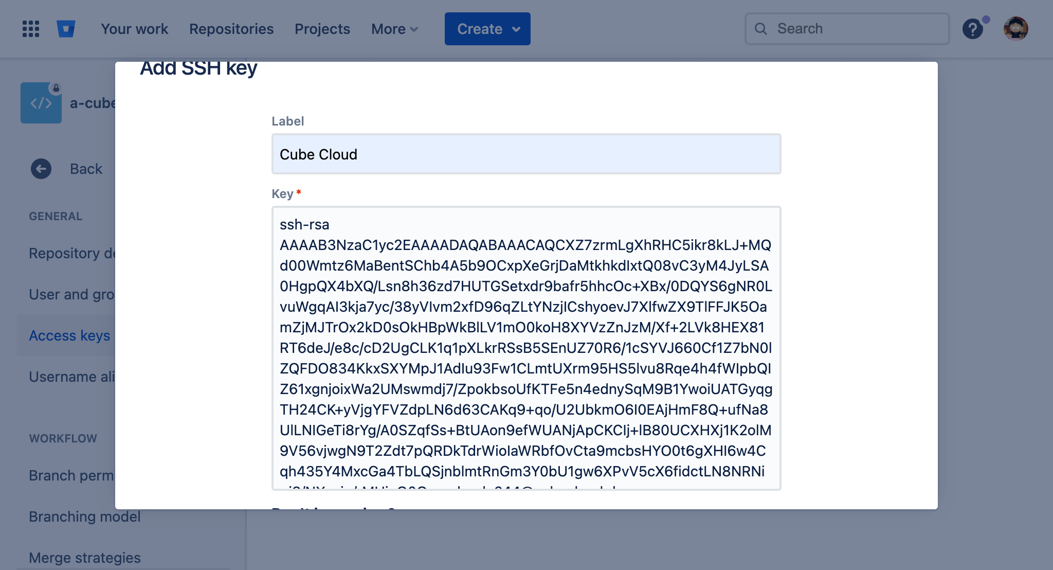 Add Cube Cloud deploy key to Bitbucket
