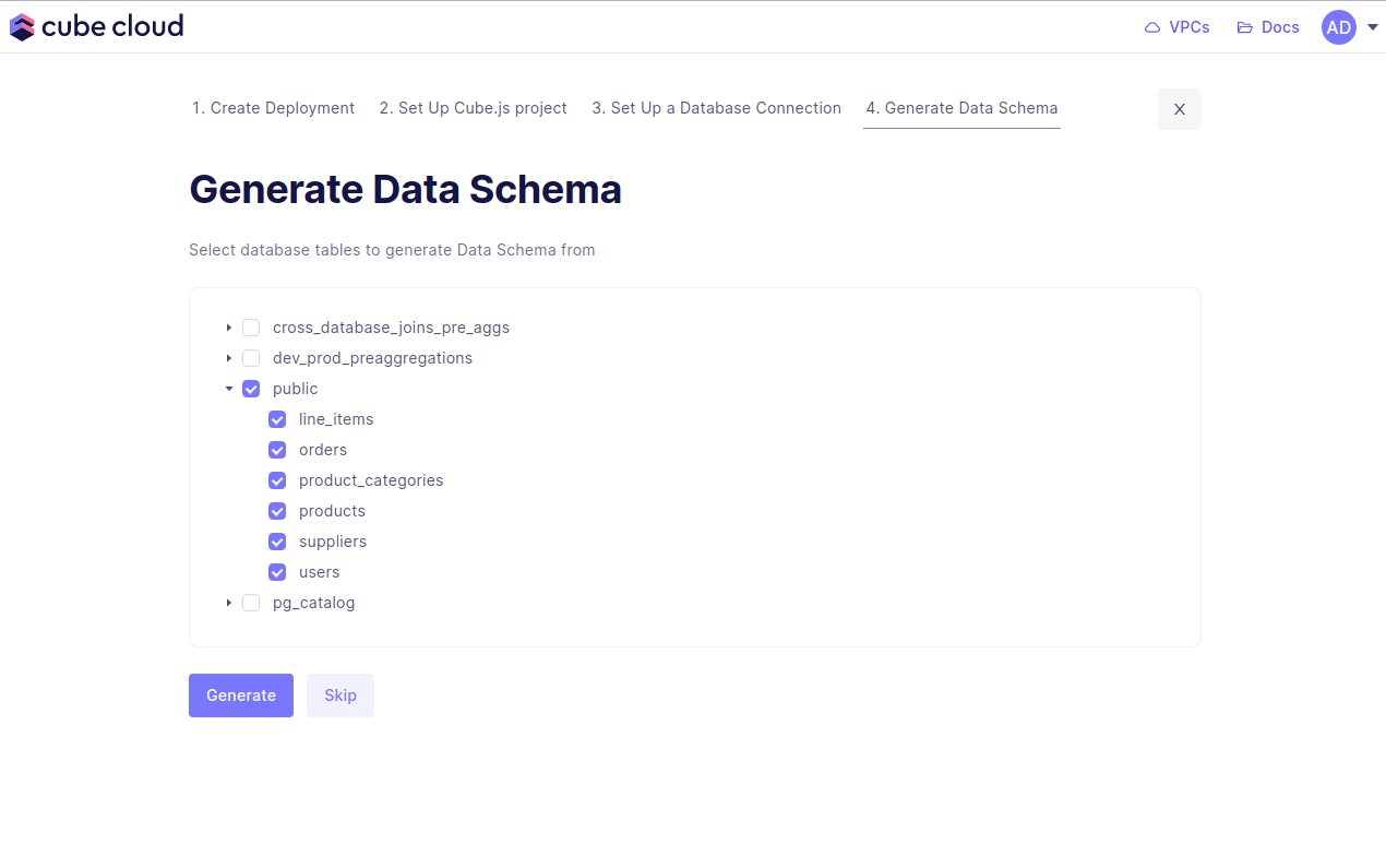 Cube Cloud Setup Database Screen