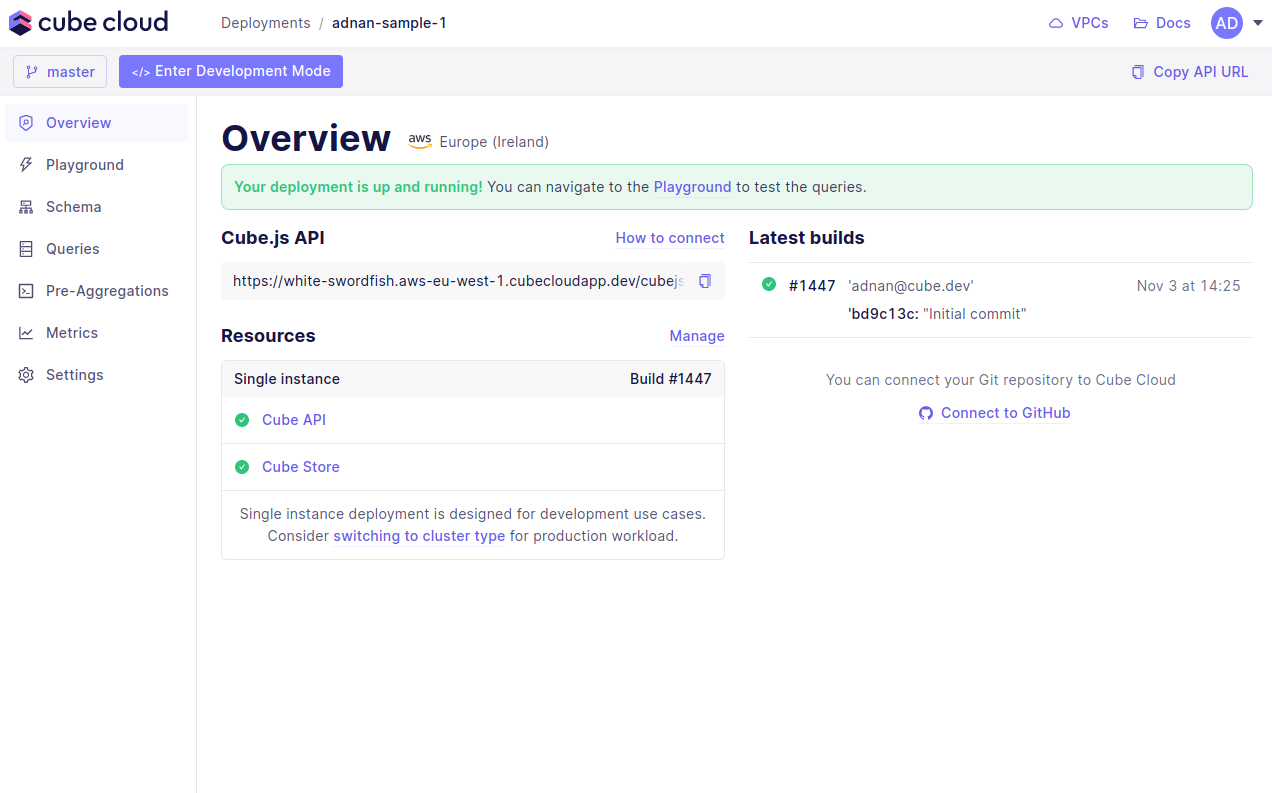 Cube Cloud Setup Database Screen