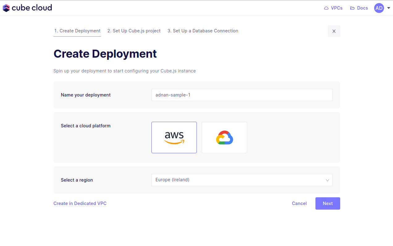 Cube Cloud Create Deployment Screen